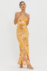 Dream Walk Cowl Back Tied Dress Print Orange