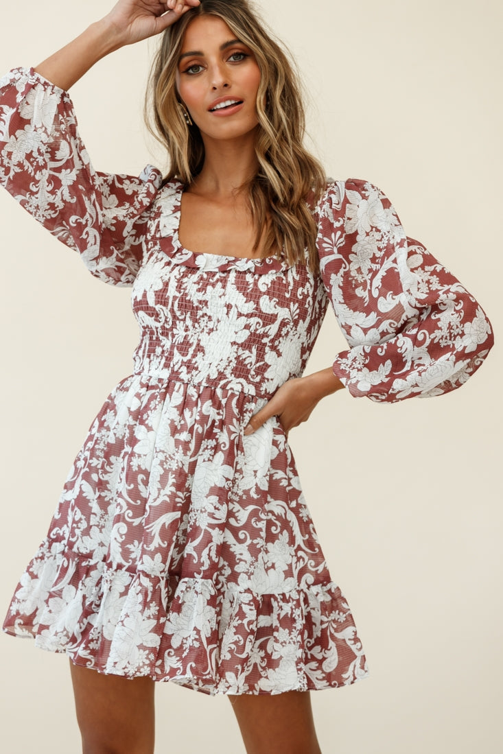 Athaliah Shirred Bust Balloon Sleeve Dress Ornate Print Maroon