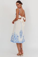 Asami Floral Print Ric Rac Trim Midi Dress Blue